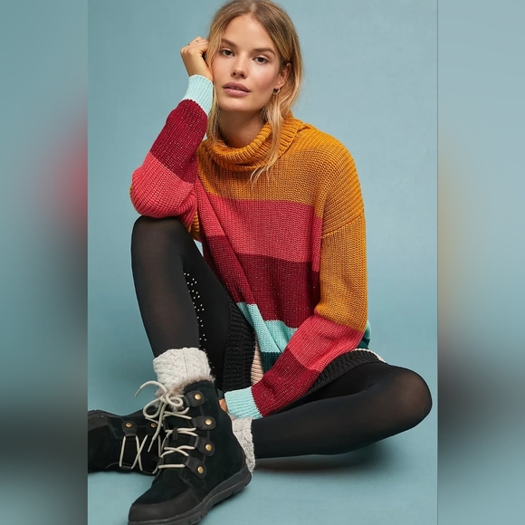 Farm Rio Anthropologie Striped Turtleneck Sweater Dress Multicolor Sz S - Picture 2 of 16